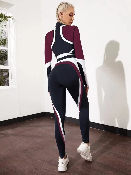 Breathable Color Block Tee & Leggings Sports Set - Image 3