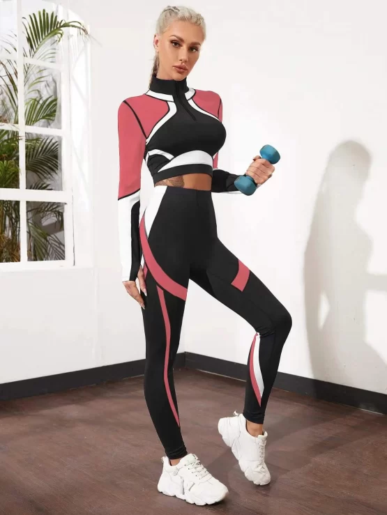 Breathable Color Block Tee & Leggings Sports Set - Image 5