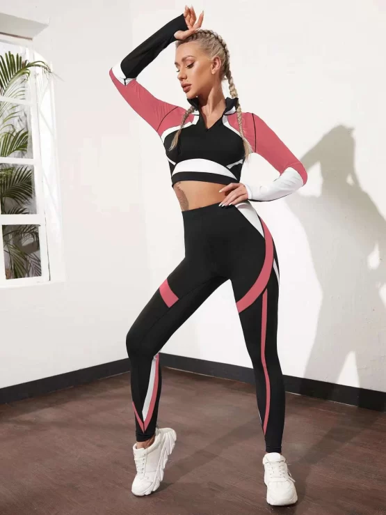 Breathable Color Block Tee & Leggings Sports Set - Image 4