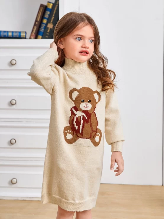 Toddler Girls High Neck Bear Pattern Sweater Dress - Image 3