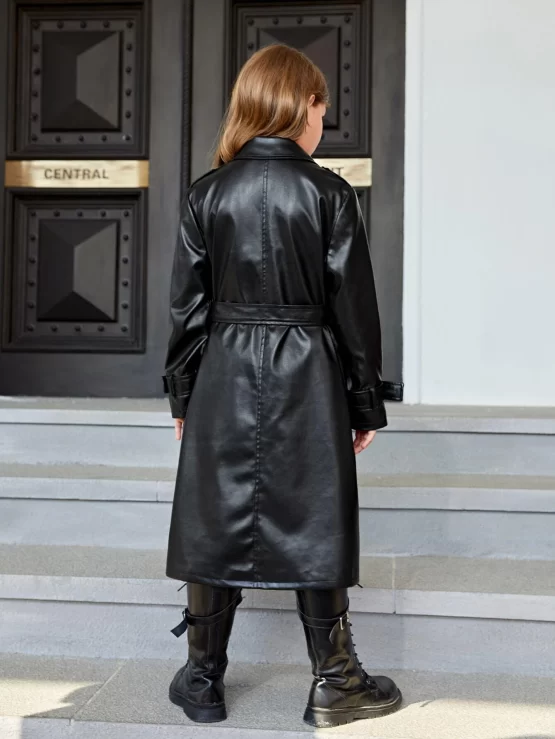 Girls Double Breasted Belted PU Leather Trench Coat - Image 2