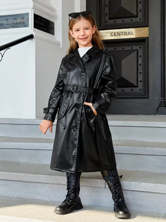 Girls Double Breasted Belted PU Leather Trench Coat - Image 3