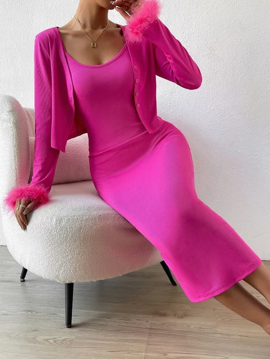 Fuzzy Cuff Open Front Top & Cami Dress - Image 3