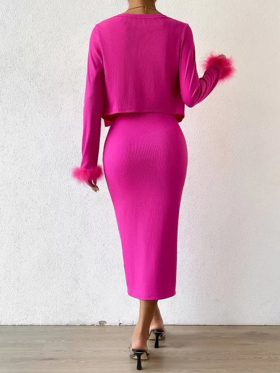 Fuzzy Cuff Open Front Top & Cami Dress - Image 2