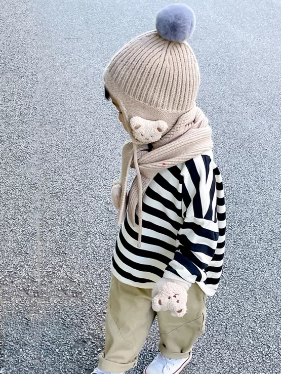 Toddler Kids Bear Decor Hat Beanie & Scarf & Gloves - Image 3