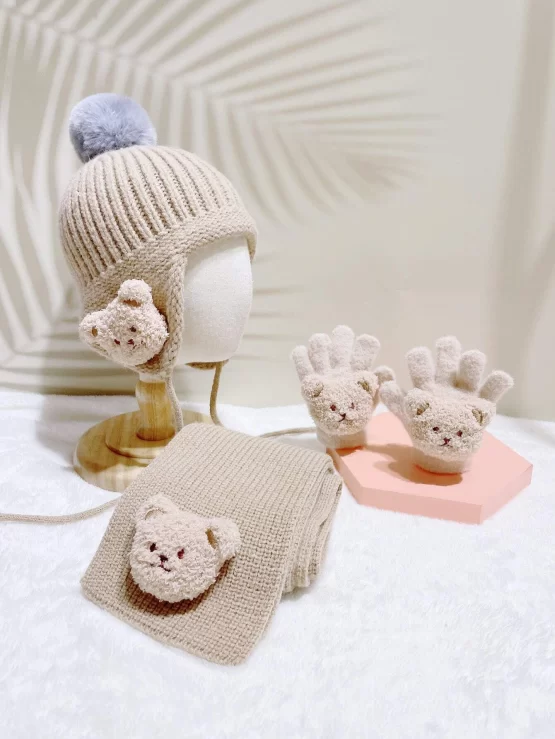 Toddler Kids Bear Decor Hat Beanie & Scarf & Gloves - Image 2