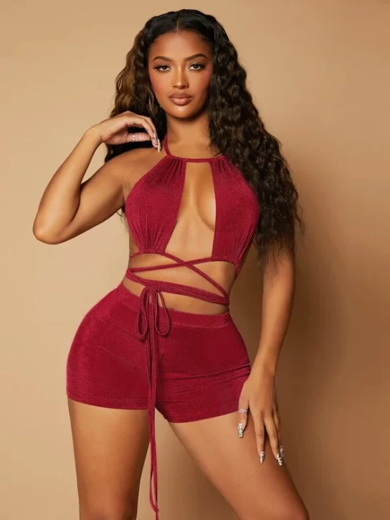 Glitter Lace Up Tie Back Crop Halter Top & Biker Shorts Set - Image 4