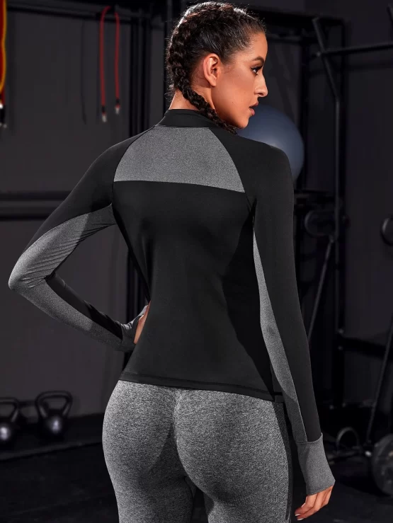 Half Zip Raglan Sleeve Two Tone Sports Sweatshirt With Thumb Hole - Image 2