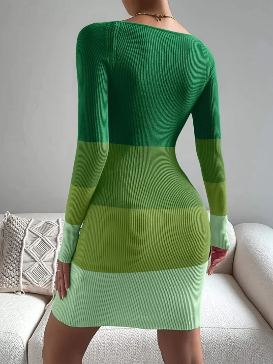 Color Block Sweetheart Neck Bodycon Sweater Dress Without Belt - Image 6