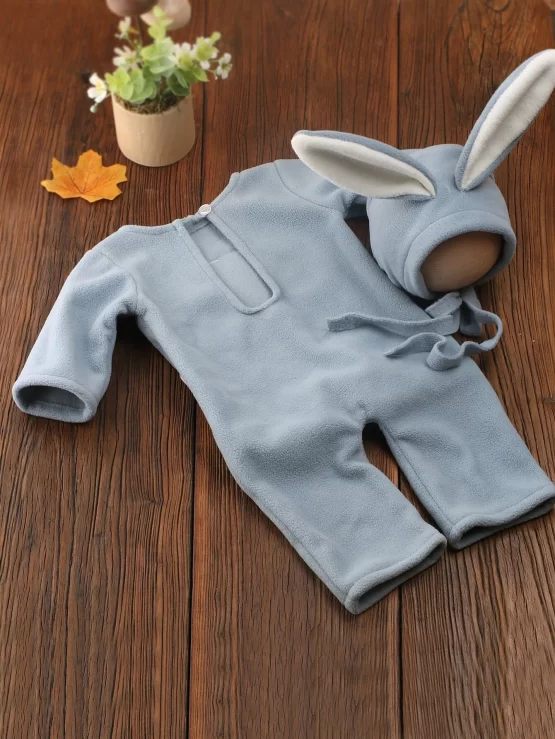 Newborn Two Tone Jumpsuit & 3D Ear Design Hat Print Photography Prop - Image 2