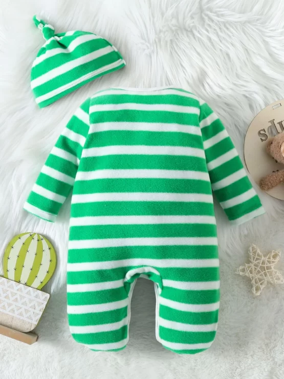 Baby Striped & Cartoon Footed Sleep Graphic Jumpsuit With Hat - Image 2