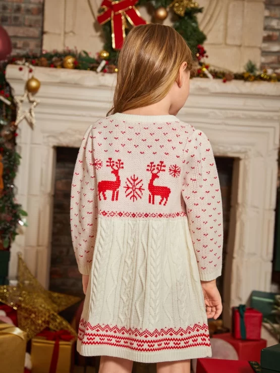 Toddler Girls Christmas Pattern Cable Knit Sweater Dress - Image 3
