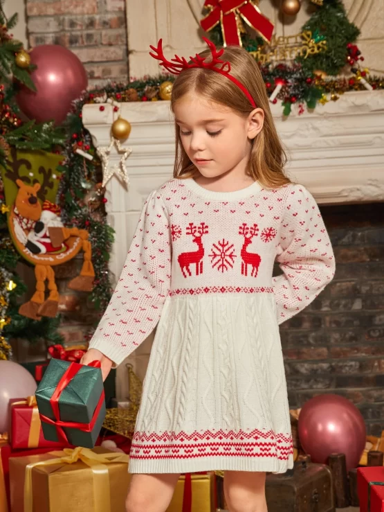 Toddler Girls Christmas Pattern Cable Knit Sweater Dress - Image 2