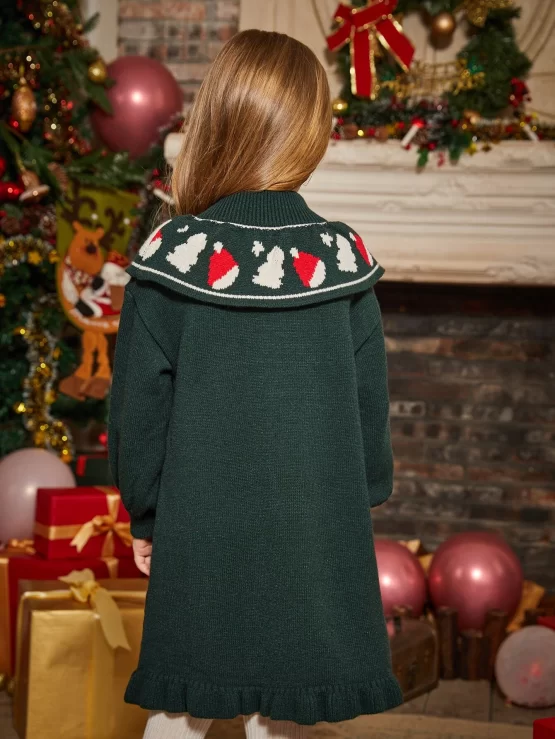 Toddler Girls Christmas Pattern Mock Neck Ruffle Trim Sweater Dress - Image 2