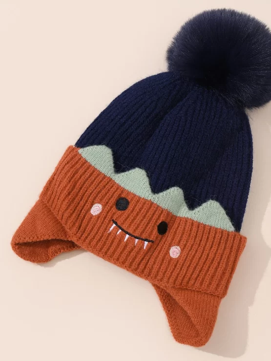 Toddler Kids Cartoon Embroidery Pom Pom Decor Beanie - Image 3