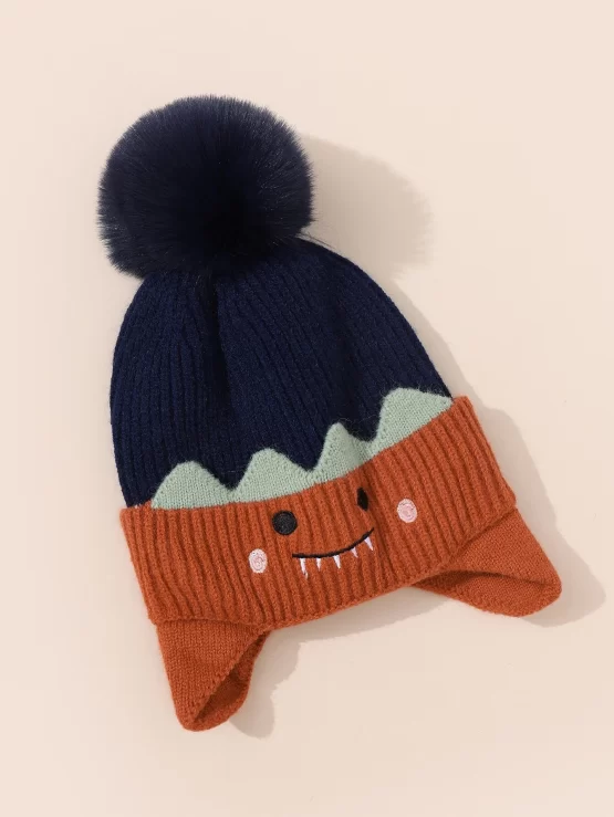 Toddler Kids Cartoon Embroidery Pom Pom Decor Beanie - Image 2