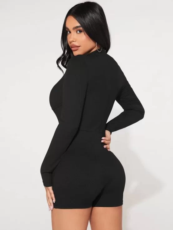 Solid Mock Rib Knit Neck Unitard Romper - Image 5