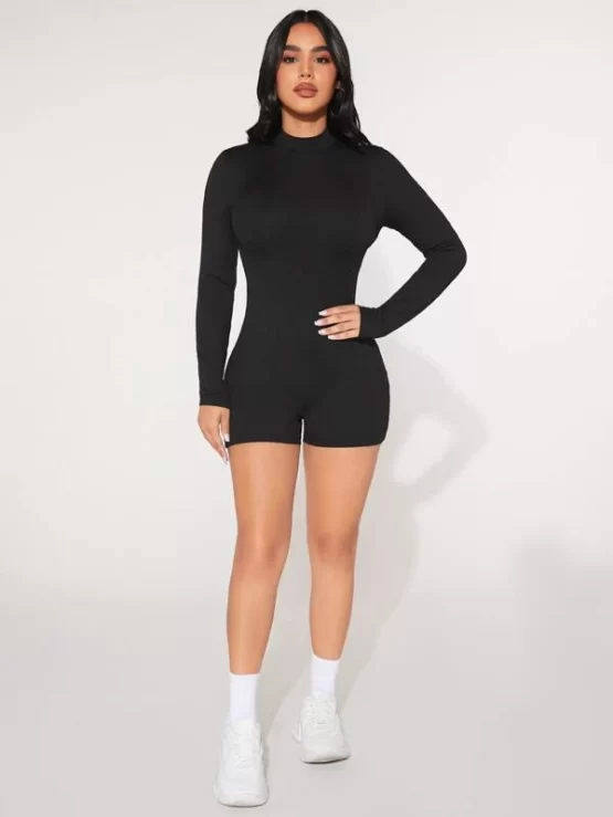 Solid Mock Rib Knit Neck Unitard Romper - Image 4