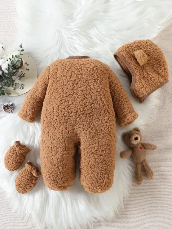 Baby Baseball Collar Footed Teddy Sleep Front Jumpsuit & Hat & Gloves - Image 2