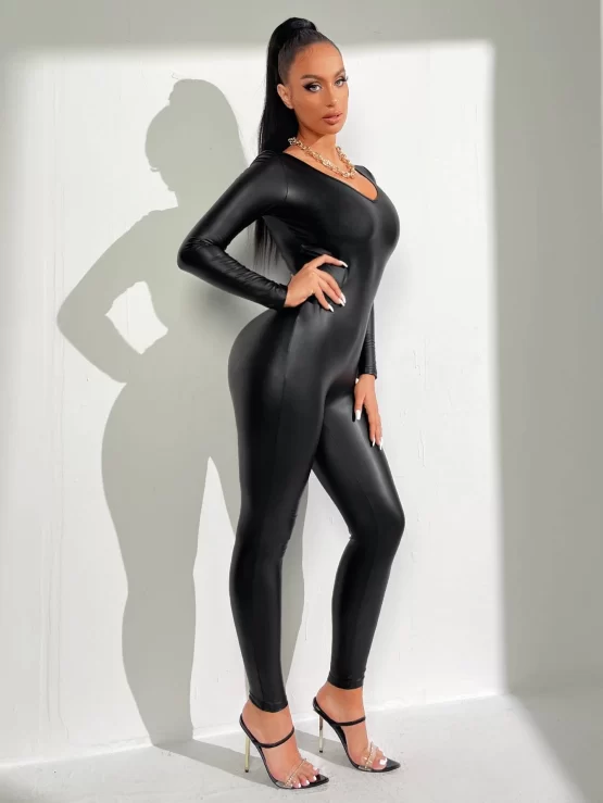 Zipper Back V Neck PU Unitard Leg Jumpsuit - Image 5