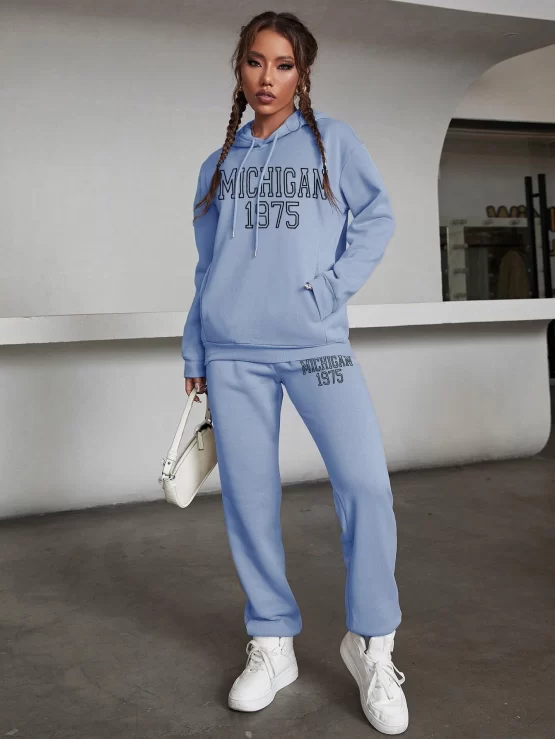 Letter Graphic Drop Shoulder Drawstring Thermal Hoodie & Sweatpants - Image 8
