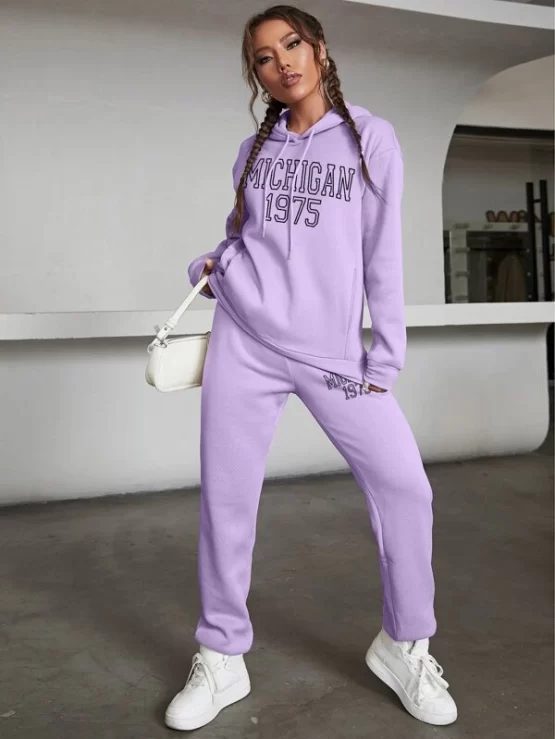 Letter Graphic Drop Shoulder Drawstring Thermal Hoodie & Sweatpants - Image 3