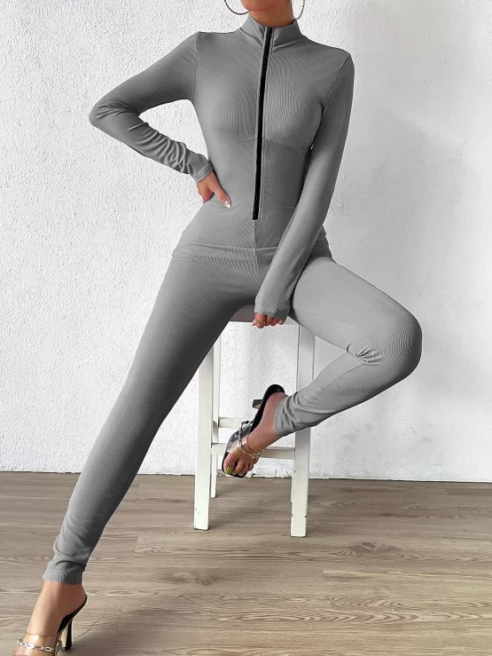 Zipper Up Ribbed Knit Unitard Front Jumpsuit - Image 6