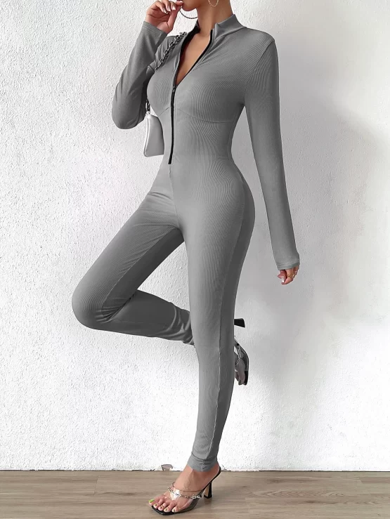 Zipper Up Ribbed Knit Unitard Front Jumpsuit - Image 7