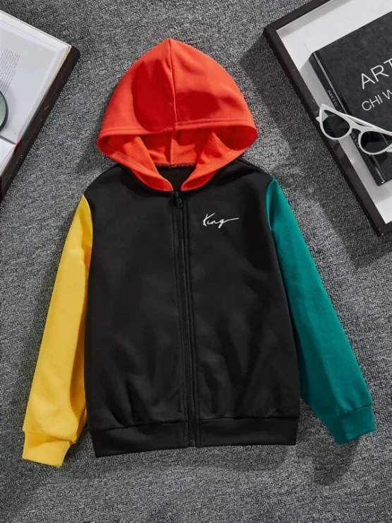 Boys Color Block Letter Zip Up Graphic Hoodie - Image 3