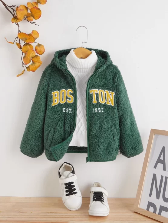 Toddler Boys Letter Embroidery Hooded Teddy Jacket Without Sweater - Image 2