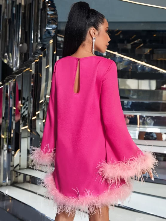 Fuzzy Contrast Faux Fur Tunic Trim Dress - Image 5