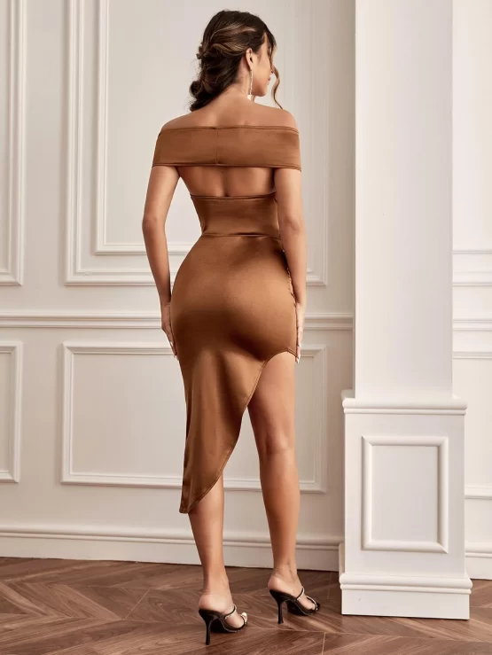 Off Shoulder Twist Front Split Thigh Satin Dress - Image 2