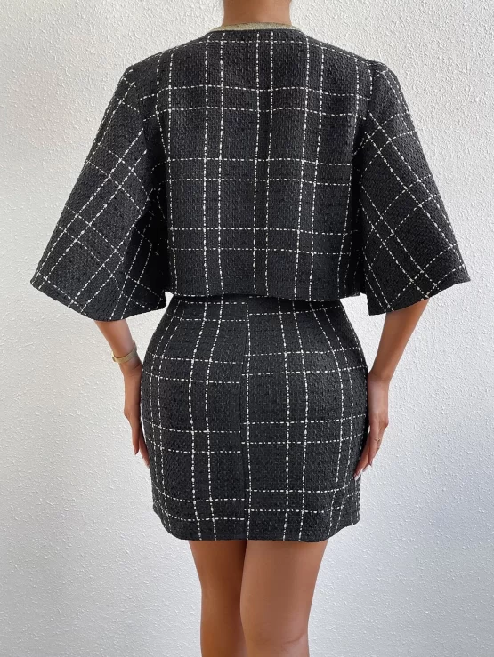 Plaid Print Double Breasted Jacket & Split Hem Skirt - Image 2