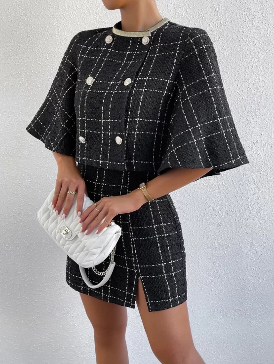 Plaid Print Double Breasted Jacket & Split Hem Skirt - Image 3