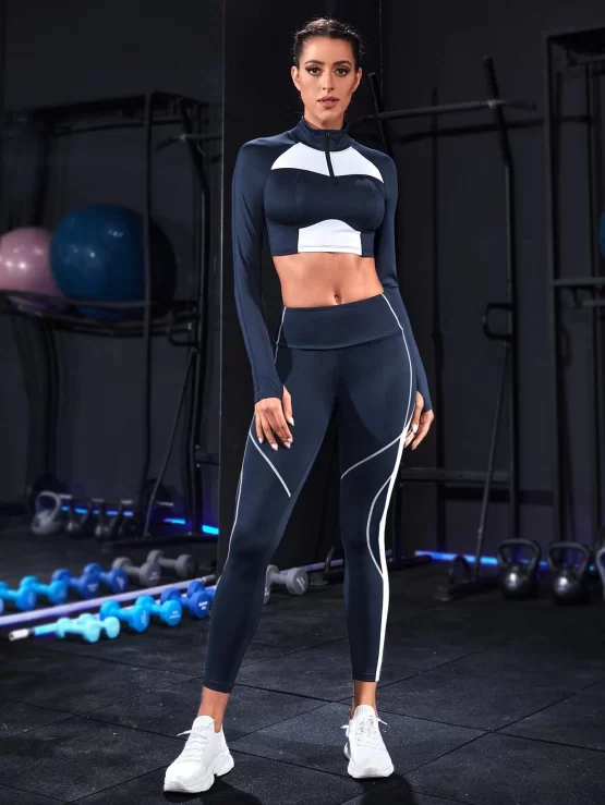 Contrast Panel Thumb Holes Sports Jacket & Leggings - Image 2