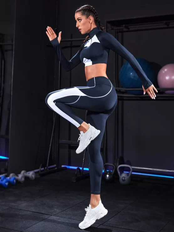 Contrast Panel Thumb Holes Sports Jacket & Leggings - Image 3