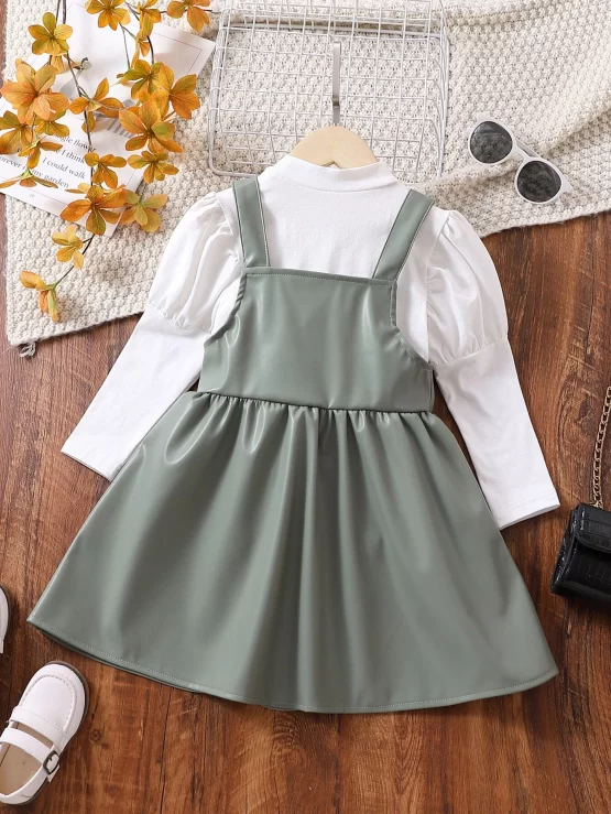 Toddler Girls Mock Neck Puff Sleeve Tee & Overall Dress - Image 2