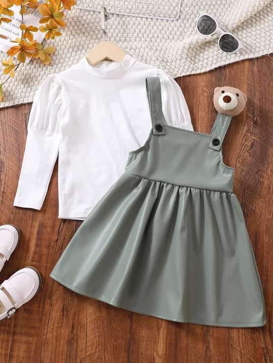 Toddler Girls Mock Neck Puff Sleeve Tee & Overall Dress - Image 3