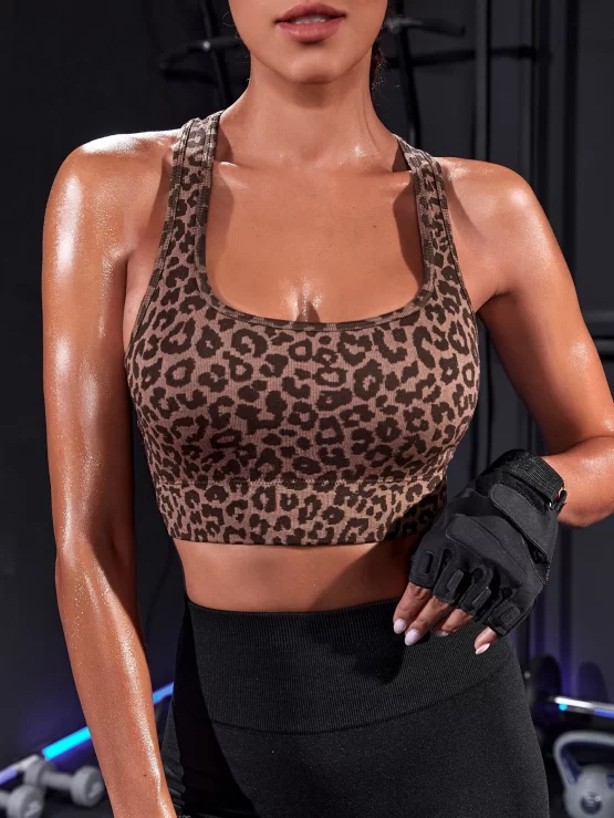 Leopard Print Seamless Racer Back Sports Bra - Image 3
