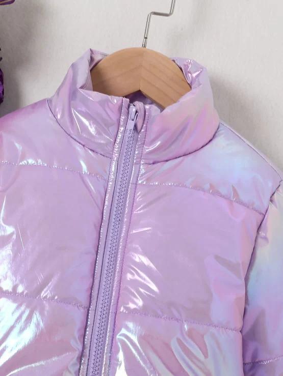 Toddler Girls Zipper Holographic Puffer Coat - Image 3