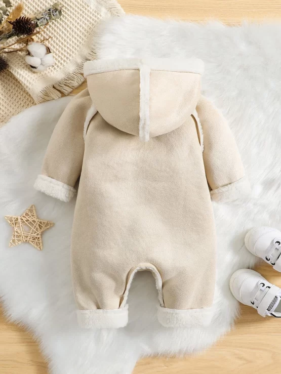 Baby Contrast Trim Raglan Hooded Teddy Lined Suedette Sleeve Jumpsuit - Image 2