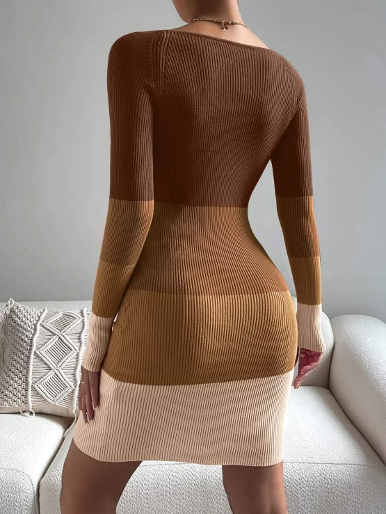 Color Block Sweetheart Neck Bodycon Sweater Dress Without Belt - Image 5
