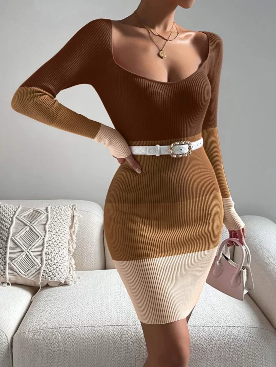 Color Block Sweetheart Neck Bodycon Sweater Dress Without Belt - Image 4
