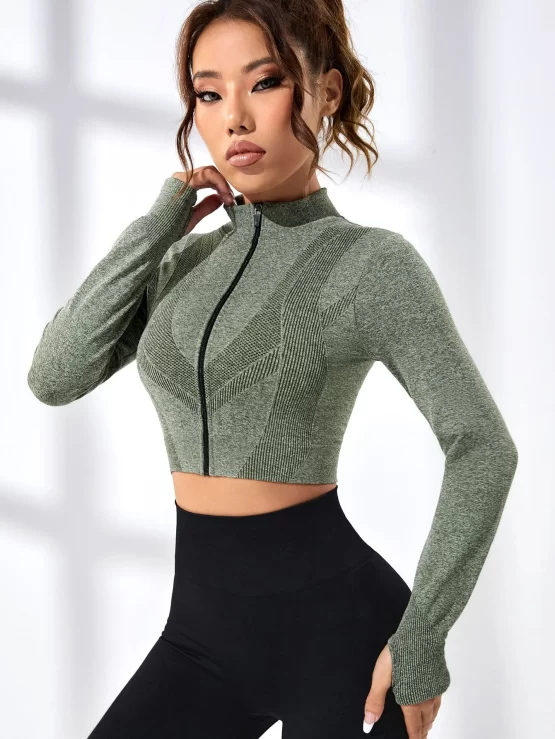 Seamless Plain Crop Zipper Up Sports Jacket - Image 2