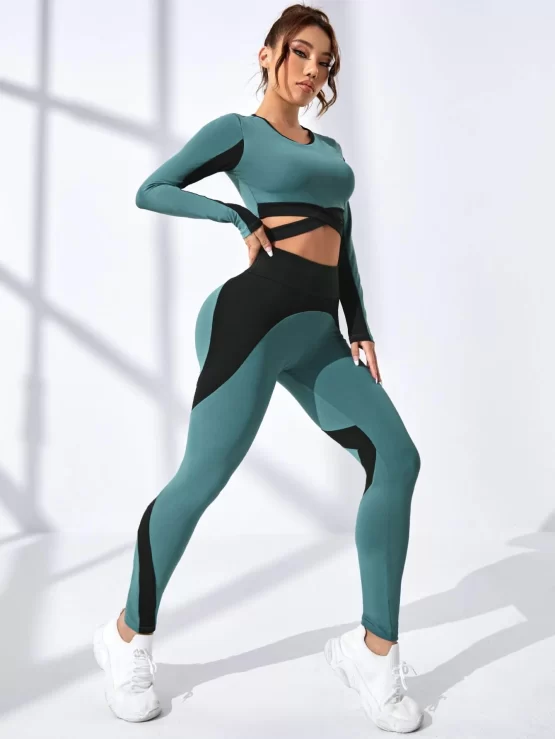 Color Block Criss Cross Wideband Waist Sports Set - Image 2