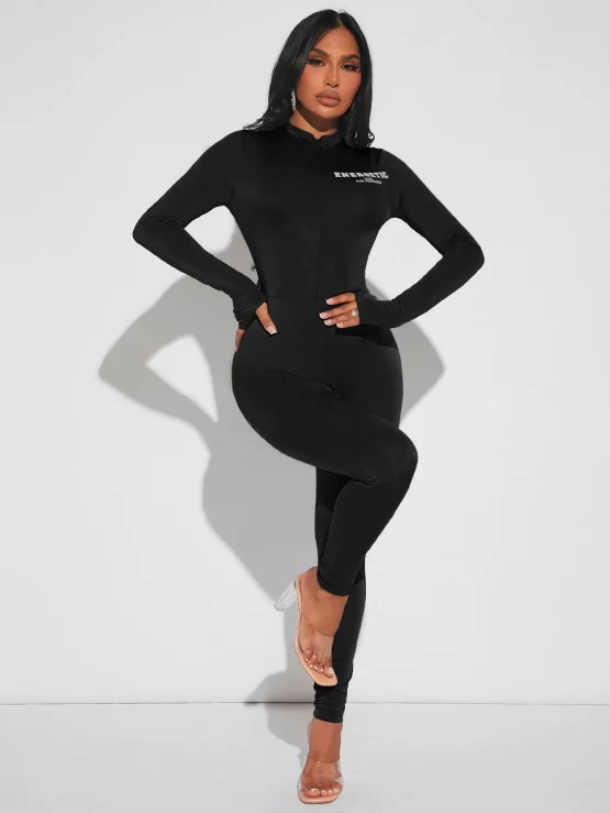 Letter Graphic Zipper Unitard Front Jumpsuit - Image 5