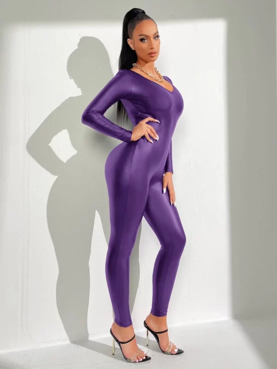 Zipper Back V Neck PU Unitard Leg Jumpsuit - Image 3