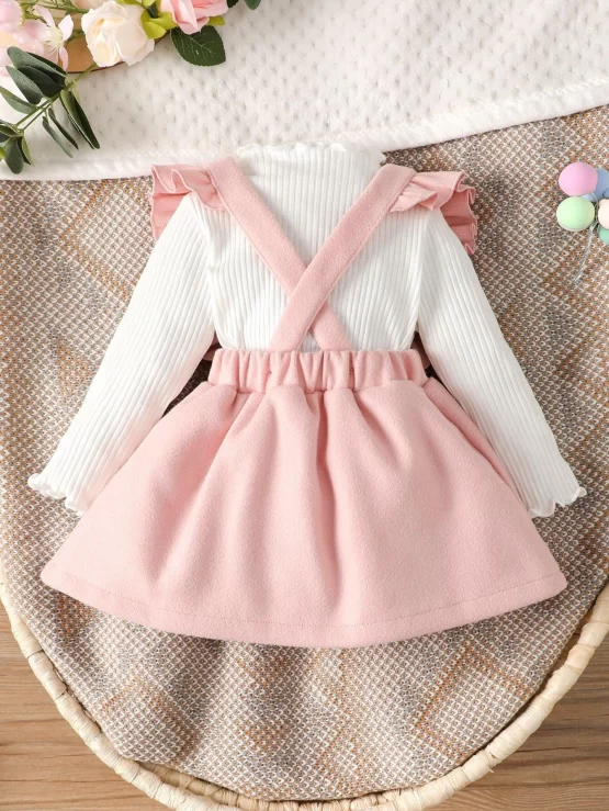 Baby Lettuce Trim Tee & Bow Front Ruffle Trim Overall Dress - Image 2