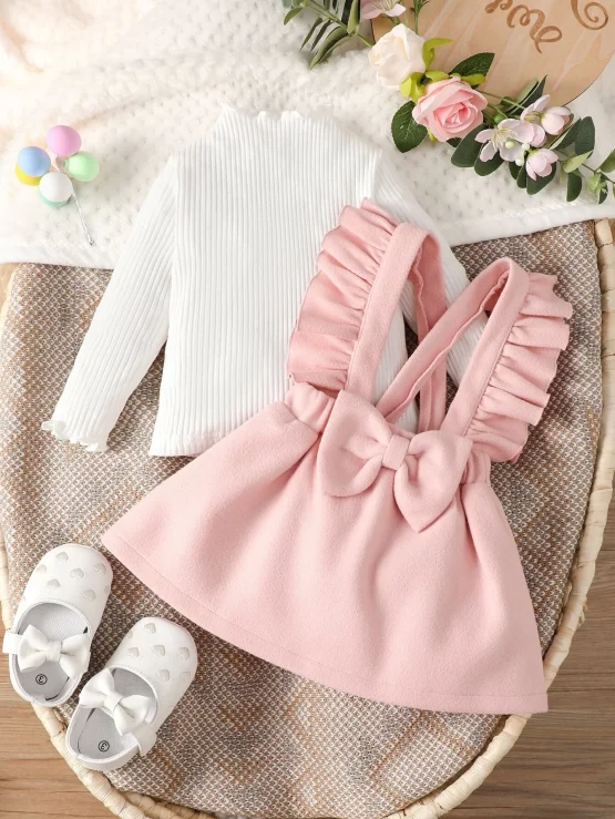 Baby Lettuce Trim Tee & Bow Front Ruffle Trim Overall Dress - Image 3