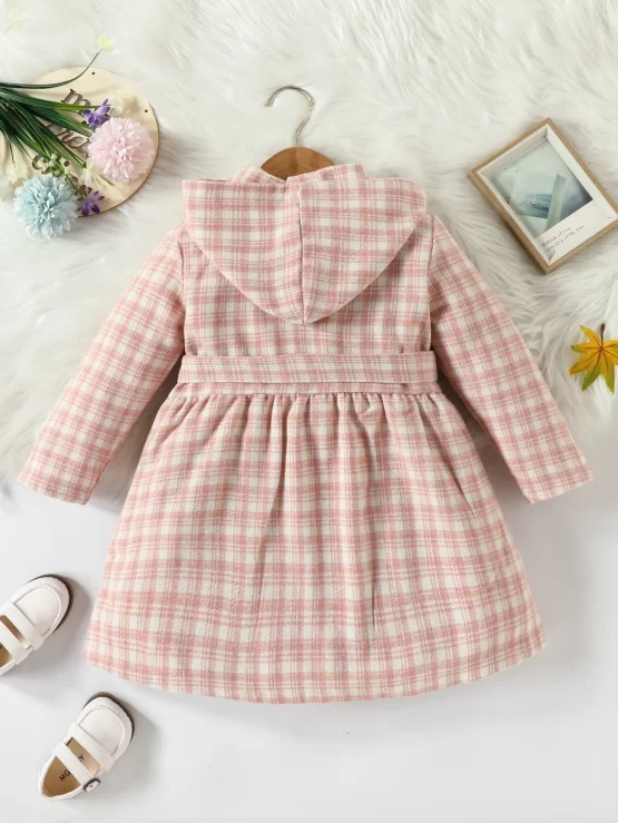 Toddler Girls Plaid Button Front Belted Hooded Coat - Image 2